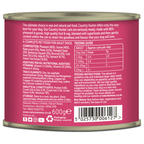Natures Menu Country Hunter Dog Food Can Pheasant & Goose with Superfoods (600g)