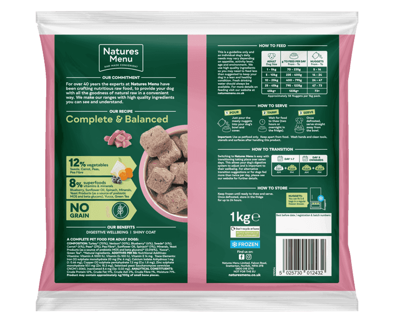 Natures Menu Raw Complete & Balanced 80/20 Nuggets Turkey with Venison (1kg)