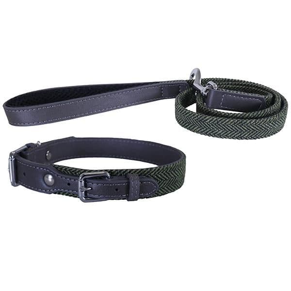 Rosewood Luxury Leather Collar Forest Herringbone/Grey (8-12")