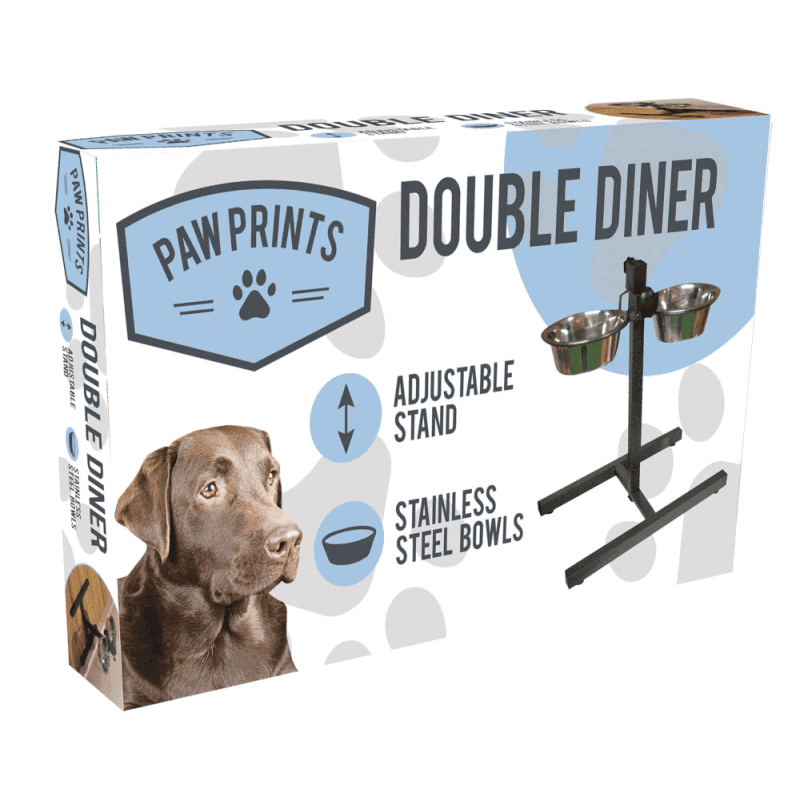 Paw Prints Double Diner Stainless Steel Pet Bowl Set With Adjustable Stand